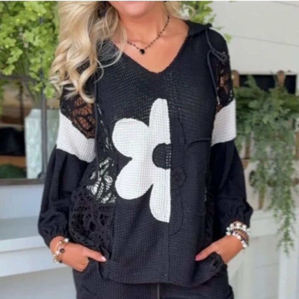 Davi & Dani Black White Flower Hooded Sweater black sweater hoodie oversized SM